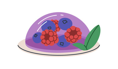 Berry jelly dessert on plate. Sweet dome-shaped gelatin snack with blueberries and raspberries. Fresh juicy gel treat. Cool transparent food. Flat vector illustration isolated on white background