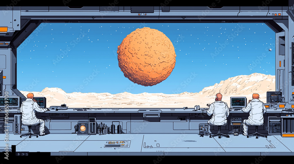 Poster scientists in white coats observe large orange sphere hovering over barren landscape through futuris