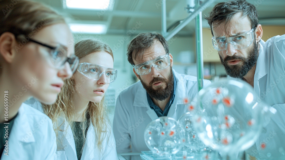 Poster group of focused scientists in white coats and safety goggles examine molecular models in laboratory