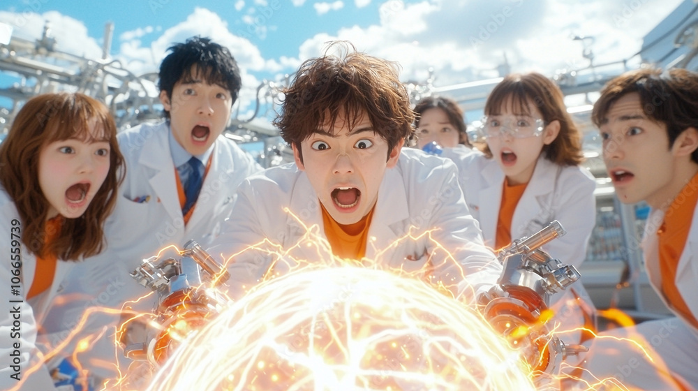 Aufkleber group of excited scientists in white coats are amazed by glowing experiment in laboratory setting. s