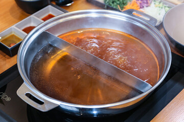 Korean style Shabu Shabu. Two types of broth. Mild and spicy taste