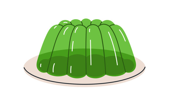 Jelly dessert. Wobbly, molded gelatin cake, gel snack. Sweet refreshing cold treat. Juicy transparent glassy jello food. Fruity pudding. Flat vector illustration isolated on white background