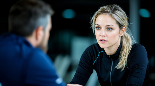 woman athlete in gym setting is engaged in focused conversation with man, both appearing serious and attentive