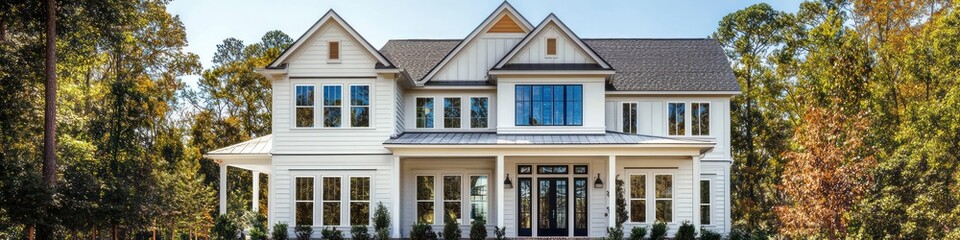 Georgia two-story home with white siding, ochre trim, and sapphire windows.