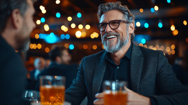 Middle aged men in stylish suits enjoy lively conversation over drinks in warmly lit bar, creating vibrant and friendly atmosphere