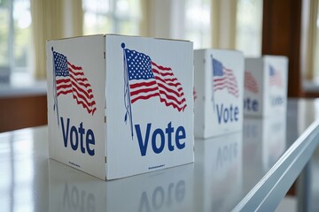 Fototapeta premium Ballot boxes with U.S. flags and voting signs on the blurry background of the voting hall