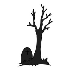 A tree with a cross on a grave marker