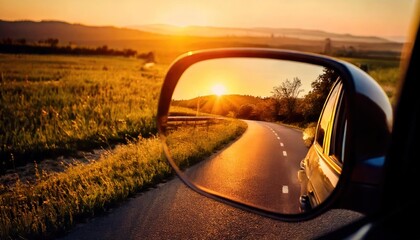 Countryside road seen in a car rearview mirror at sunset 