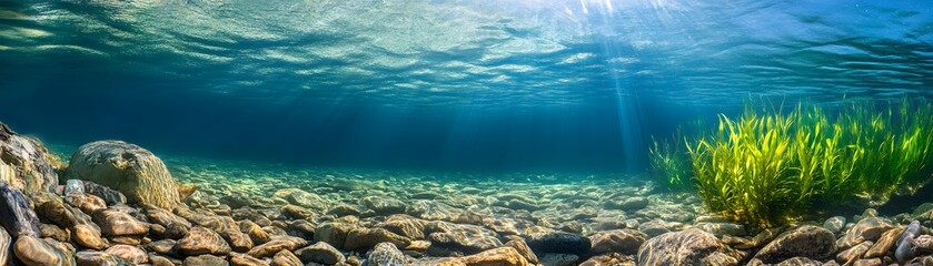 Underwater View of a Rocky Riverbed with Sunbeams and Green Plants