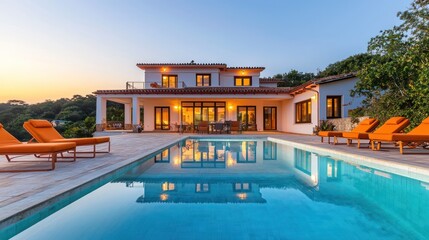Amber lounge chairs by a pool at a vibrant house, clear evening sky.