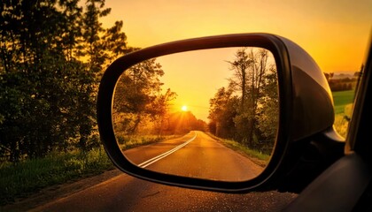 Countryside road seen in a car rearview mirror at sunset 