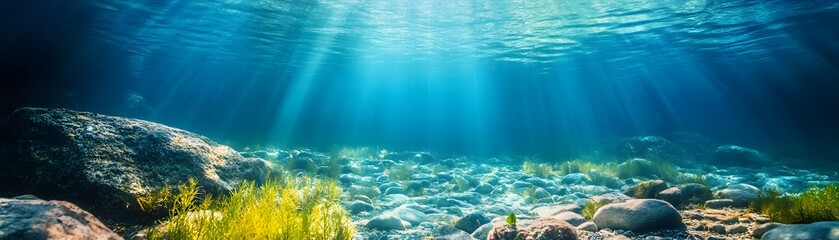 Sunbeams Illuminating a Rocky Seabed with Aquatic Plants