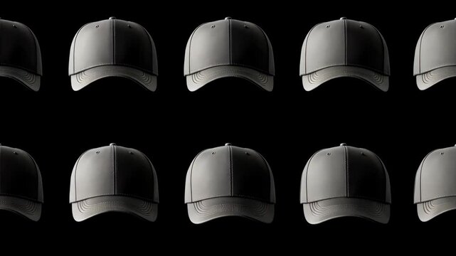 A row of eight grey baseball caps is lined up against a black background