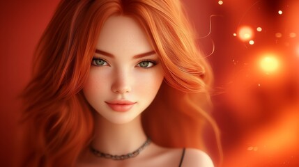 A young woman with long red hair in a serene close-up portrait surrounded by soft glowing lights in the background, styled in warm tones.