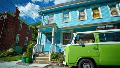 Sunny day stock photo of a West Virginia townhouse with sky blue accents, green van.