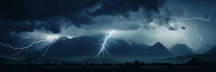 Dramatic lightning storm illuminates mountain landscape during dark evening sky