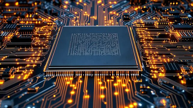 A close-up of a computer chip with glowing circuits