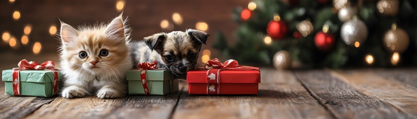 Kitten and Puppy with Christmas Presents in Front of Decorated Tree