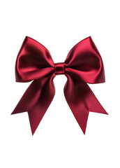 Fototapeta premium Elegant red satin bow with ribbon, decorative gift wrapping element, luxurious festive decoration isolated on transparent background, holiday or event embellishment, fabric texture