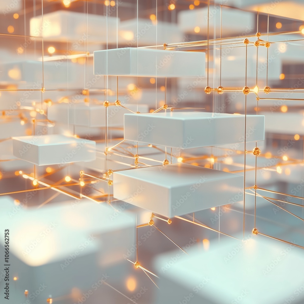 Poster abstract representation of data blocks interconnected by glowing lines in a modern digital landscape