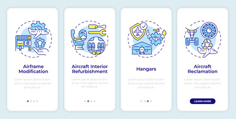 Aircraft maintenance onboarding mobile app screen. Walkthrough 4 steps editable graphic instructions with linear concepts. UI, UX, GUI template. Montserrat SemiBold, Regular fonts used