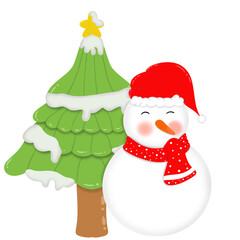 Snowman and the colored Christmas tree wear a Christmas hat with a red scarf.