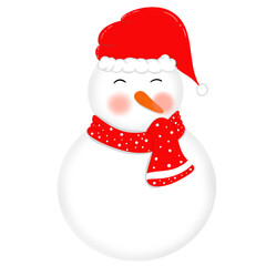 Snowman wears a Christmas hat with a red scarf.