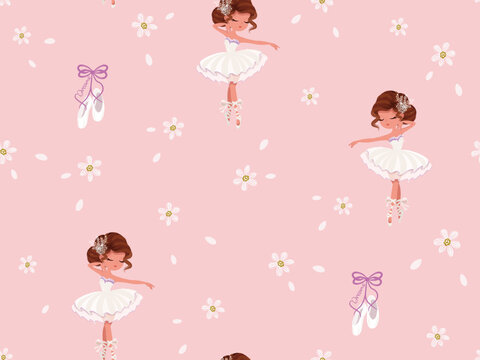Pattern designed with sweet ballerina and flowers, vector pattern, ballerina pattern design for girls.