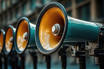 Row of megaphones broadcasting important public announcement