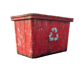 Red metal recycling bin with rust and blue recycle symbol, isolated on transparent background, industrial waste management container, eco-friendly old trash, urban environment
