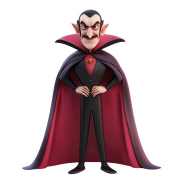 A cartoon vampire stands with his hands on his hips, wearing a black suit and a red cape, isolated on transparent or white background