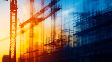 A blurred image showcasing construction cranes and scaffolding against a vibrant sunset, highlighting industrial activity in an urban landscape.
