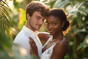 Interracial couple embracing in tropical garden setting during wedding ceremony
