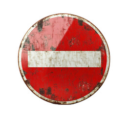 Aged red circular no entry sign with white horizontal bar, isolated on transparent background, vintage worn road sign, prohibition symbol, grunge distressed traffic indicator
