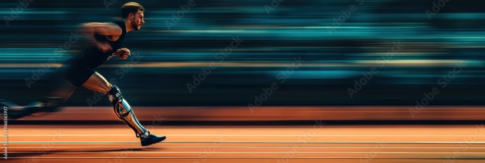 Aufkleber An athlete runs energetically on a track using a prosthetic leg, demonstrating speed and resilience in a competitive environment. Generative AI
