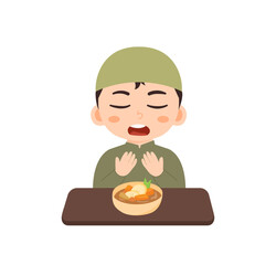 Illustration of a Muslim Boy Praying Before Meal