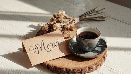 Beautifully designed "Merci" card placed alongside a steaming cup of coffee and dried flowers. Gratitude expression concept