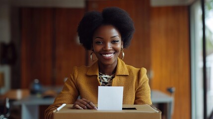 Naklejka premium Black Woman Smilling dropping ballot into ballot box 