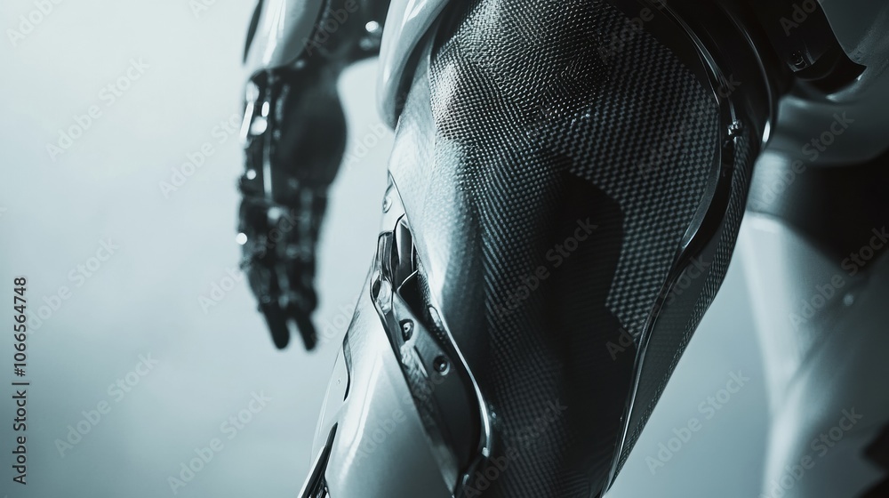 Poster a detailed look at a state-of-the-art prosthetic leg featuring sleek metal and carbon fiber componen