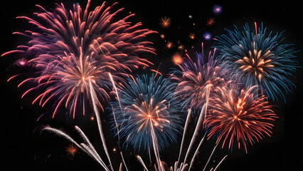Colorful fireworks exploding into delicate stars scattered across a pitch-black sky, AI Generated 