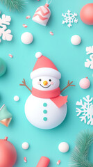 Festive snowman with red hat and scarf surrounded by Christmas decorations, creating cheerful holiday atmosphere