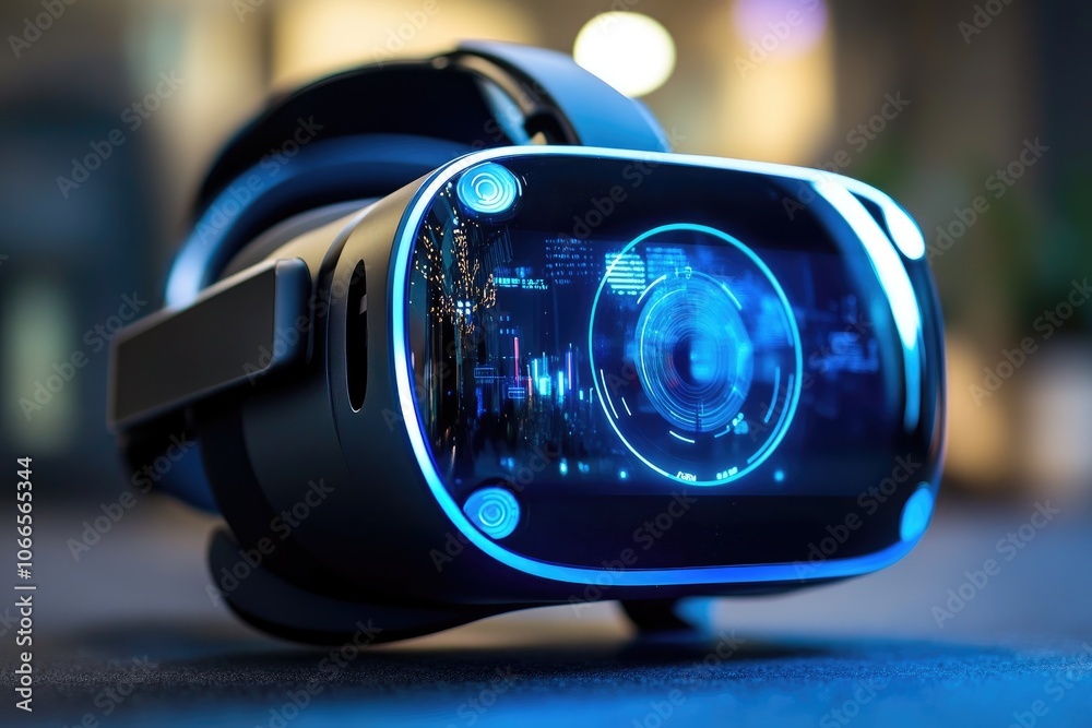 Aufkleber virtual reality headset showing futuristic hud interface and city skyline