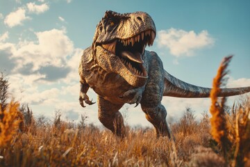 Tyrannosaurus Rex Roaring in a Field of Tall Grass