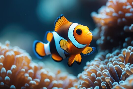 Ocellaris clownfish swimming near coral reef in the ocean