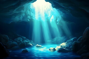 Serene Underwater Cave with Sunlight Streaming Through