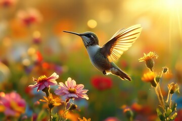 Fototapeta premium Hummingbird flying over colorful flowers at sunset