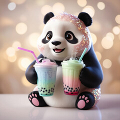 cute panda drinks a colored milkshake from a large glass through a straw. pastel colors, blurred background, bokeh