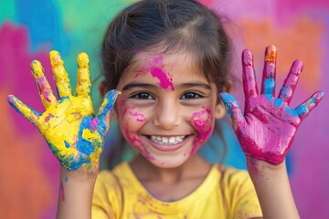 Happy indian girl celebrating holi festival with colorful hands and face