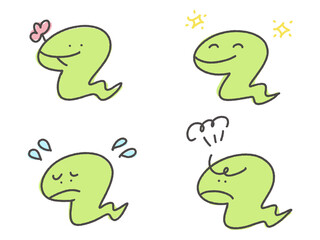 Naklejka premium 手描きの喜怒哀楽をあらわすヘビのセット 笑顔 怒る 悲しい 花をくわえる