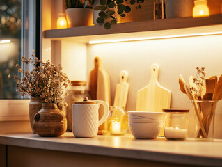 Cozy, illuminated kitchen shelf with jars, wooden utensils, and potted plants, capturing a warm, homey atmosphere, ideal for kitchen, decor, or home lifestyle visuals.